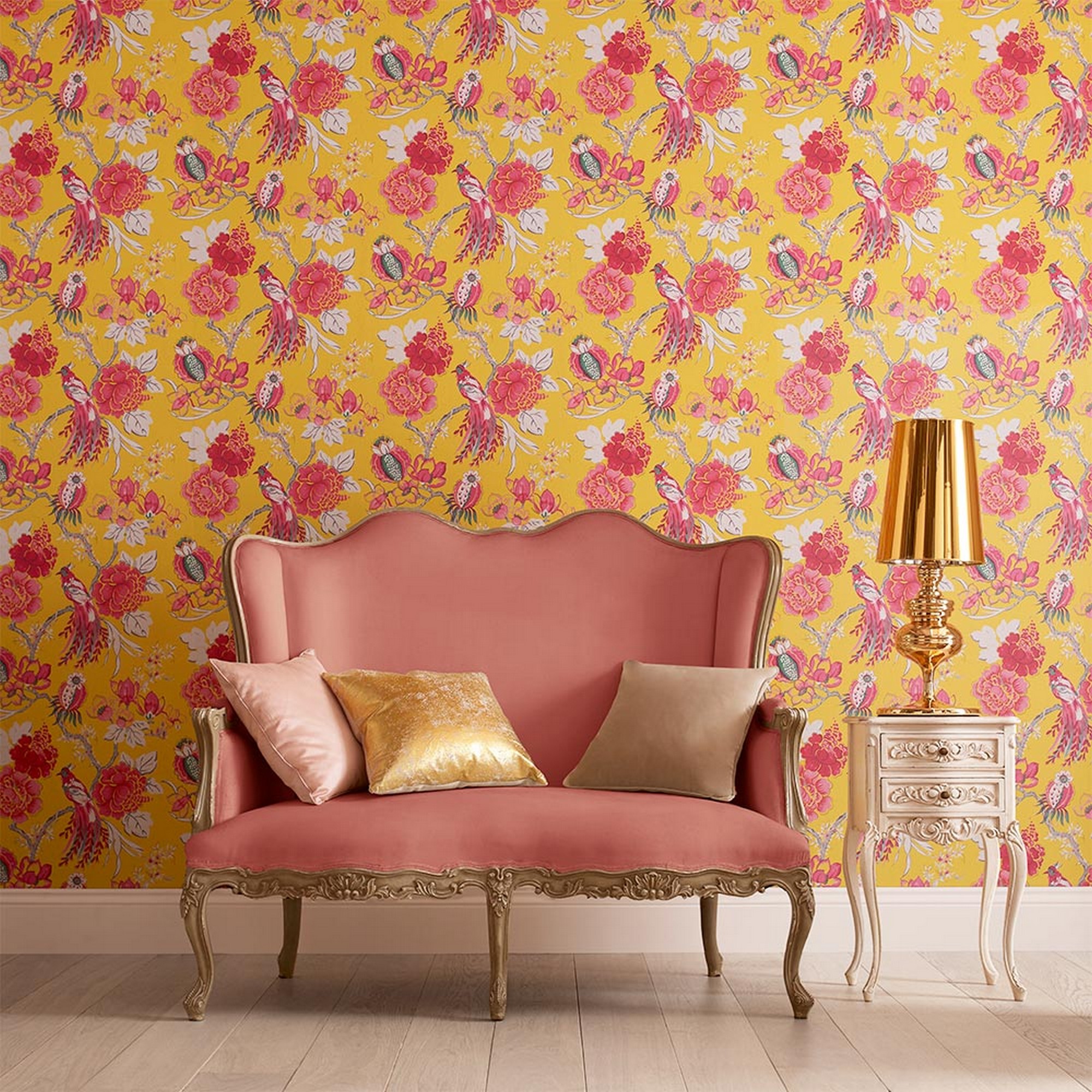 Chinoiserie Floral Wallpaper 104269 By Graham Brown In Canary Yellow